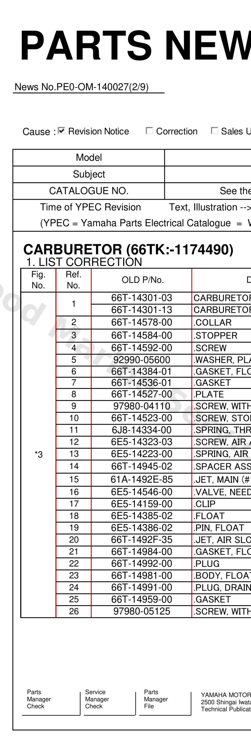 Yamaha 66T143010300 Carburetor assy 1